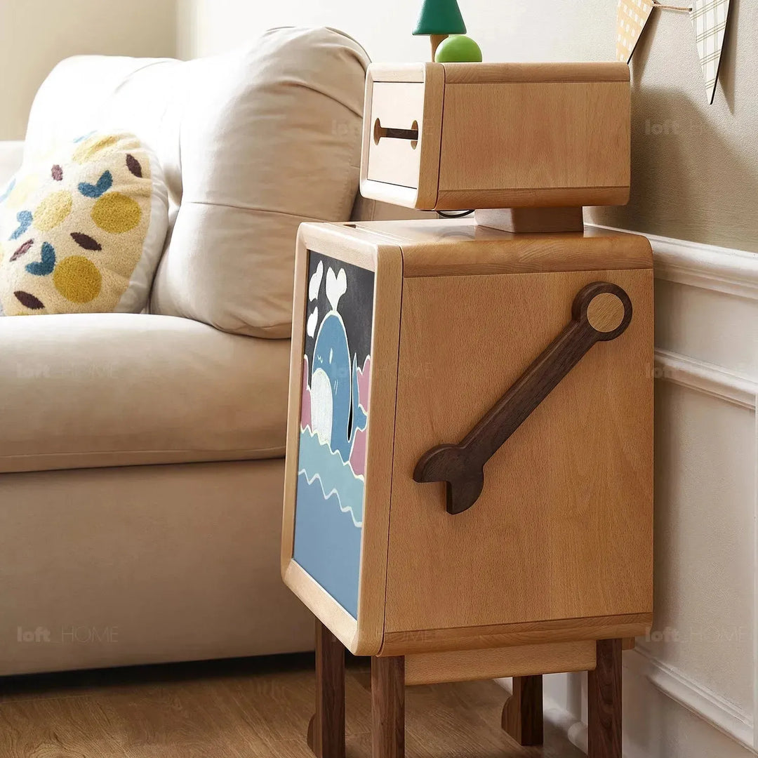 Scandinavian wood kids side table robo in real life style.