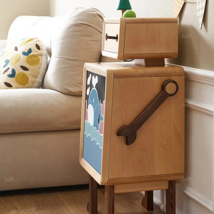 Scandinavian wood kids side table robo in real life style.