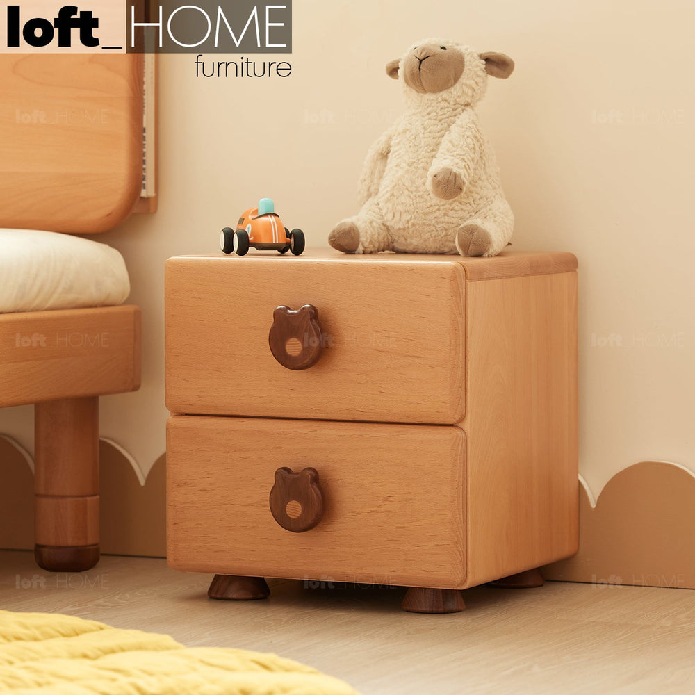 Scandinavian wood kids side table teddy primary product view.