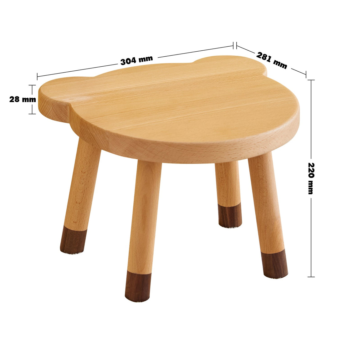 Scandinavian wood kids stool bear size charts.