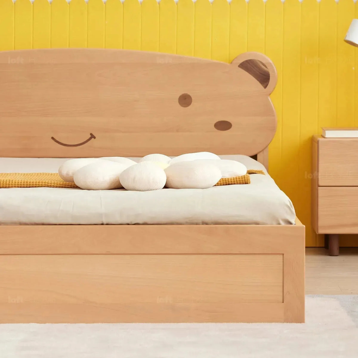 Scandinavian wood kids storage bed bear in real life style.