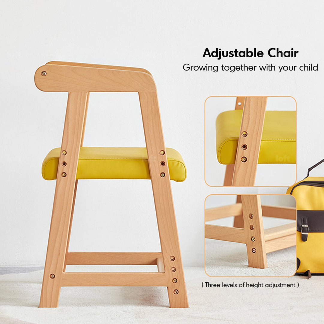 Scandinavian wood kids study chair elevate in close up details.