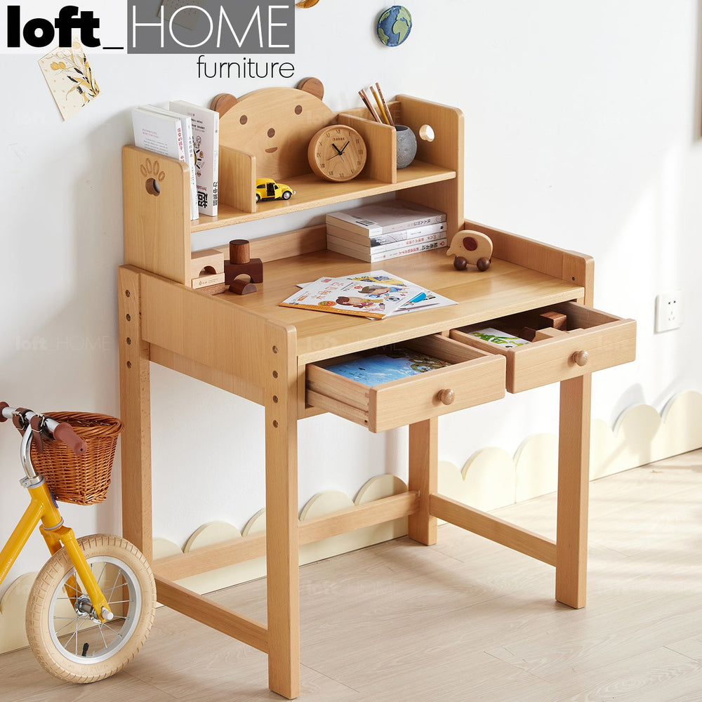 Scandinavian wood kids study table bear primary product view.