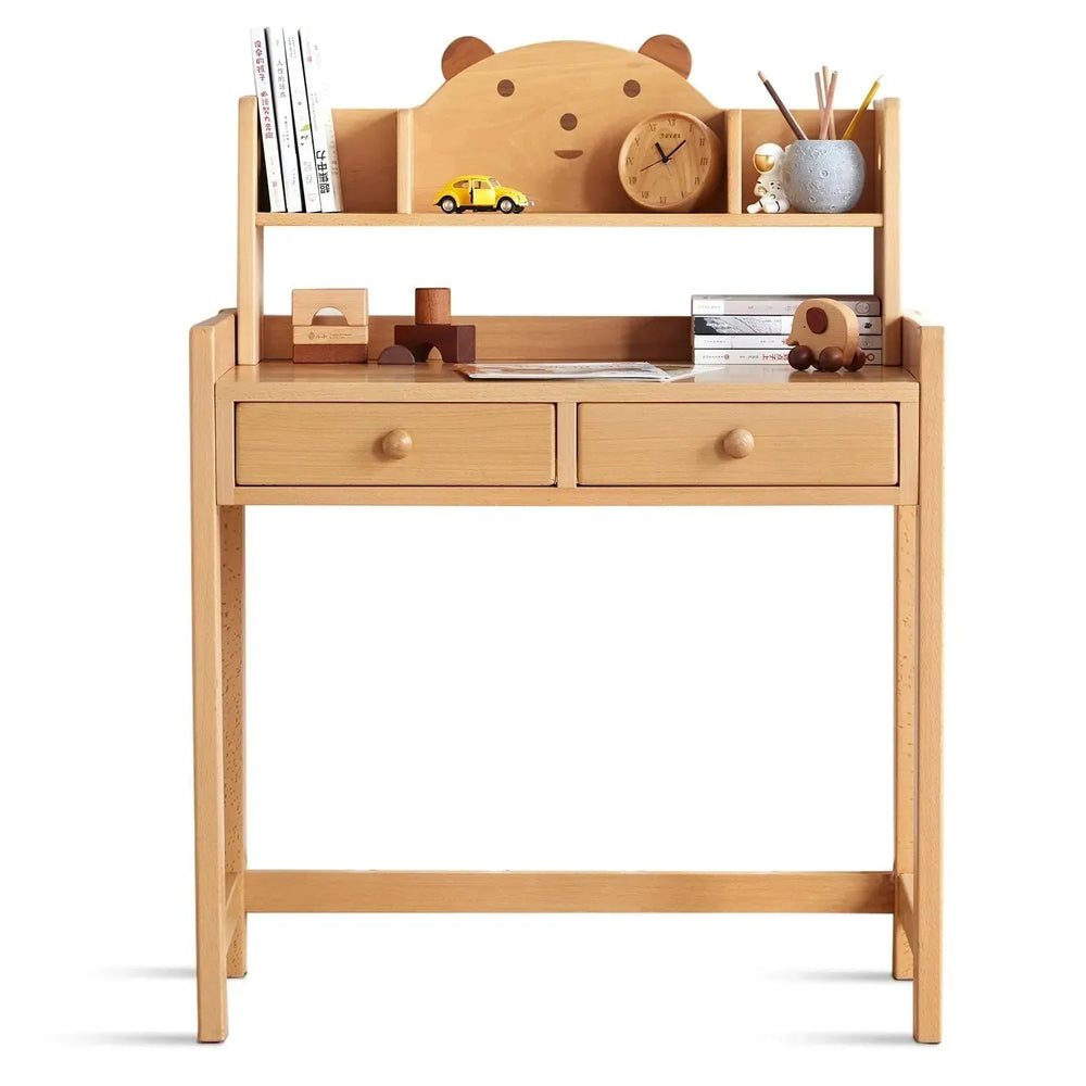 Scandinavian wood kids study table bear in white background.