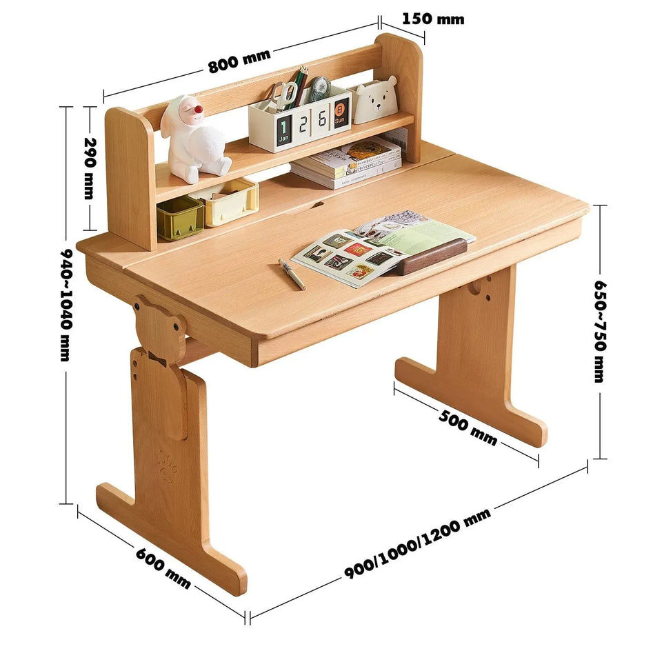 Scandinavian wood kids study table elevate size charts.