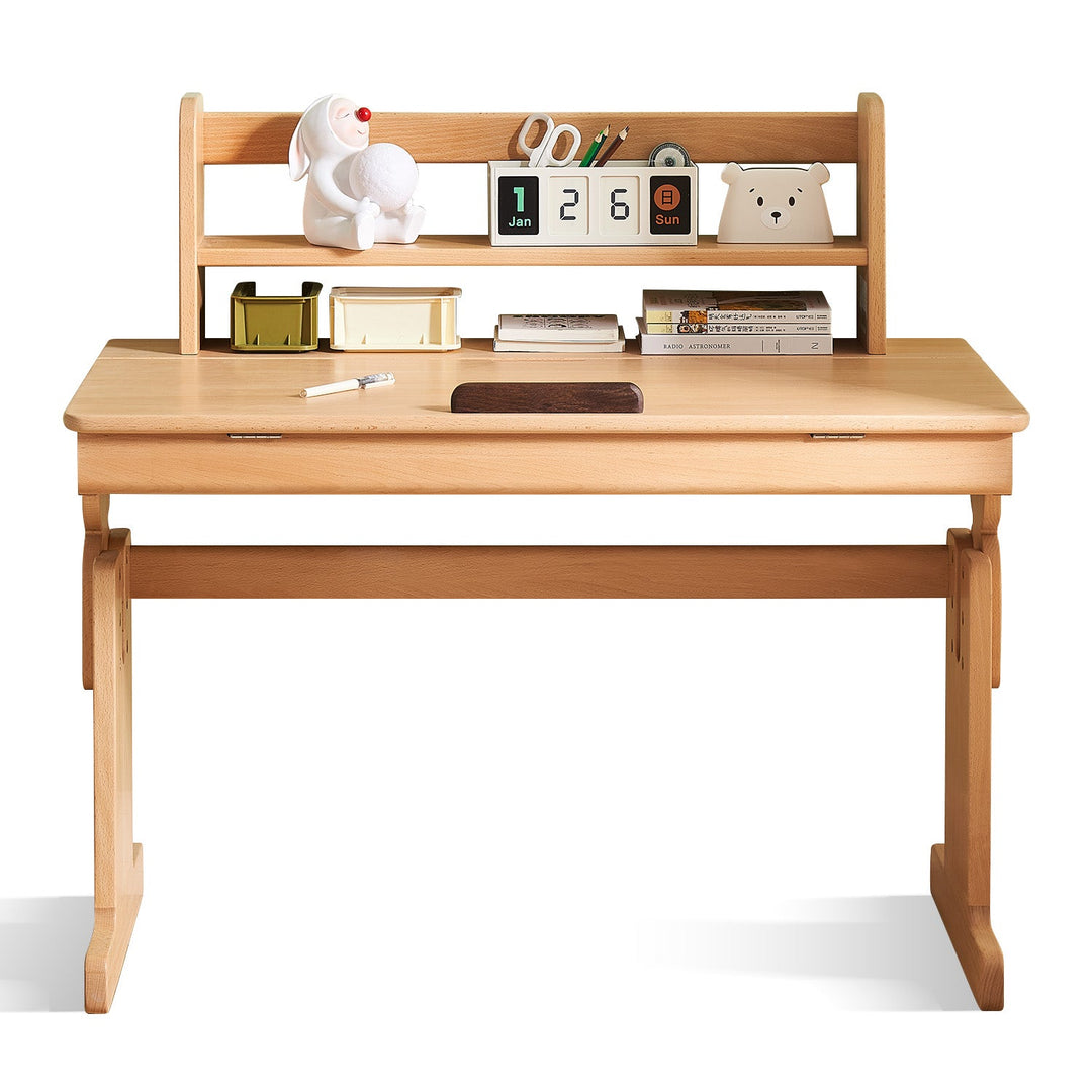 Scandinavian wood kids study table elevate in white background.