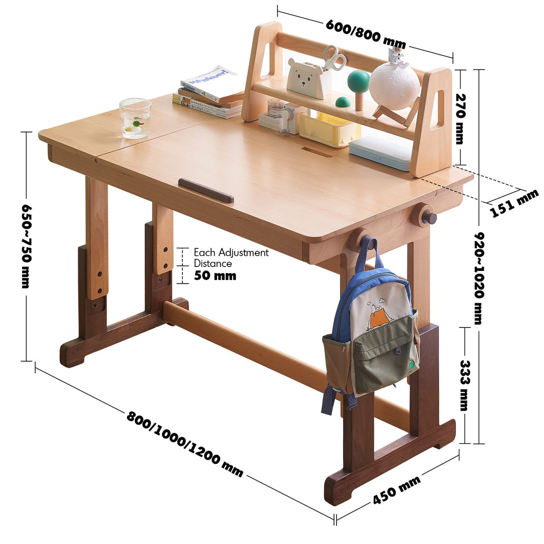 Scandinavian wood kids study table lift size charts.