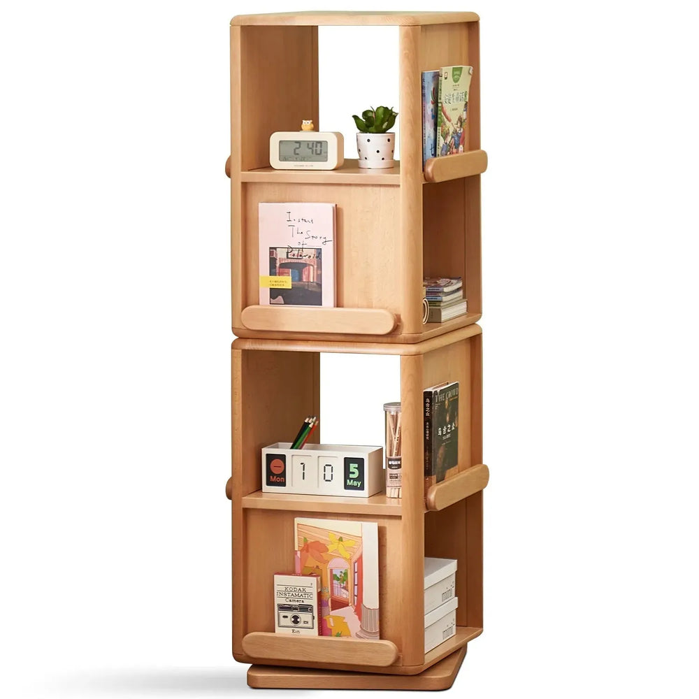 Scandinavian wood kids swirling bookshelf snug in white background.