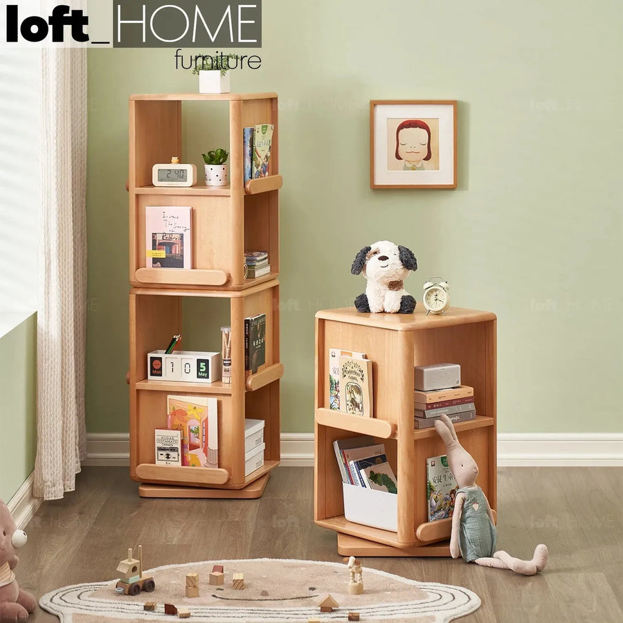 Scandinavian wood kids swirling bookshelf snug primary product view.