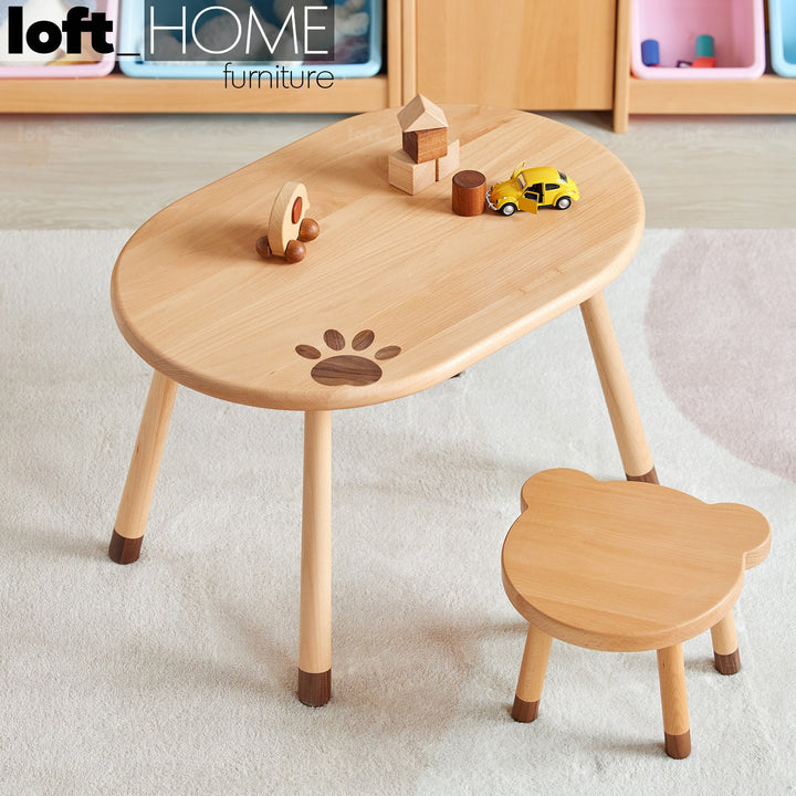 Scandinavian wood oval kids table bear primary product view.
