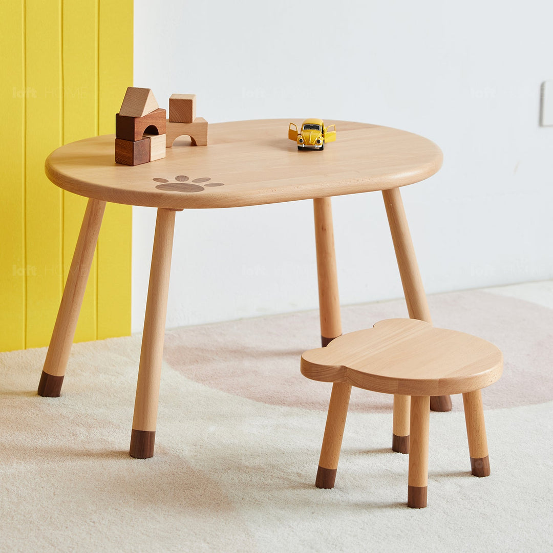 Scandinavian wood oval kids table bear material variants.