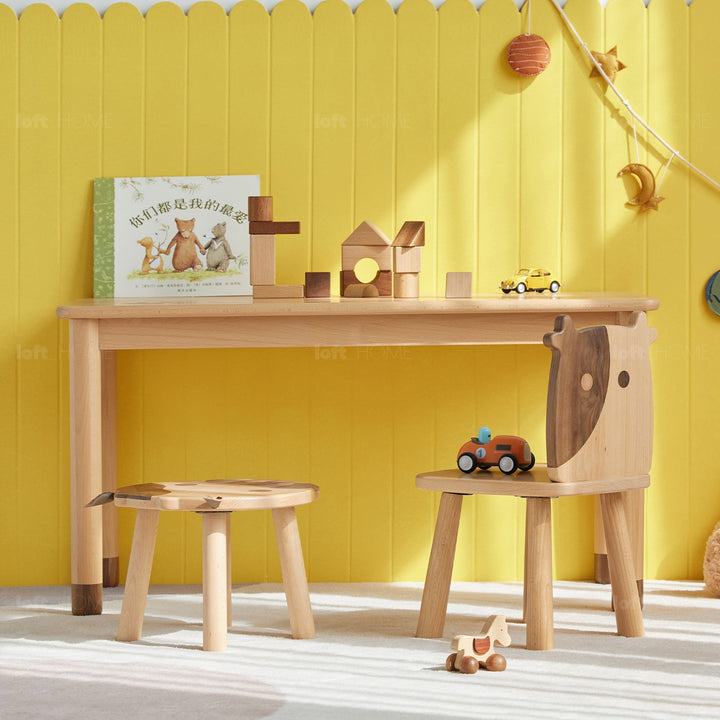 Scandinavian wood rectangle kids table bear color swatches.