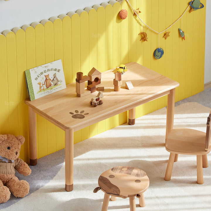 Scandinavian wood rectangle kids table bear in real life style.