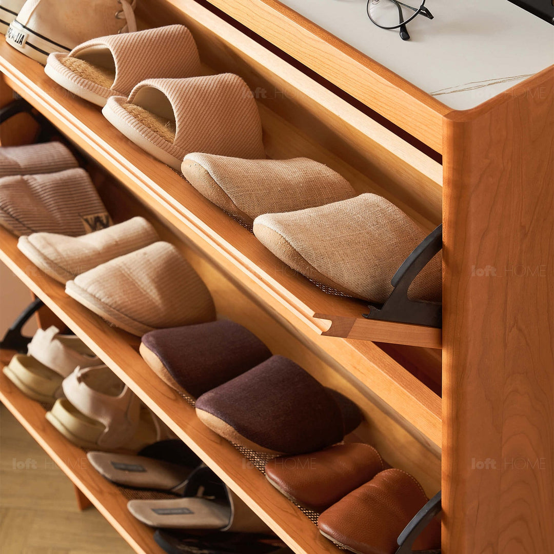 Scandinavian wood shoe cabinet cherry braid detail 12.