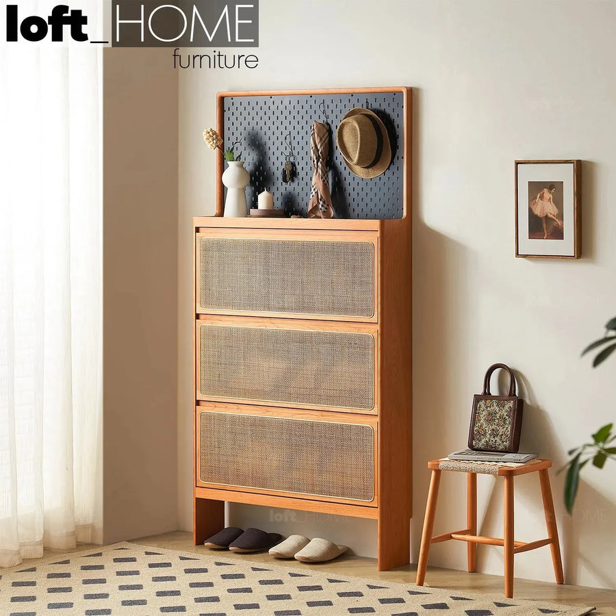 Scandinavian wood shoe cabinet cherry braid primary product view.