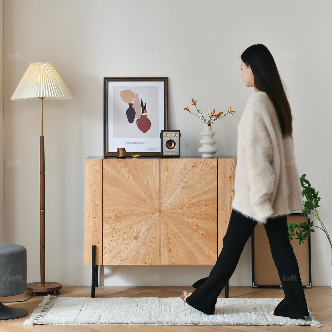 Scandinavian wood shoe cabinet radial in real life style.