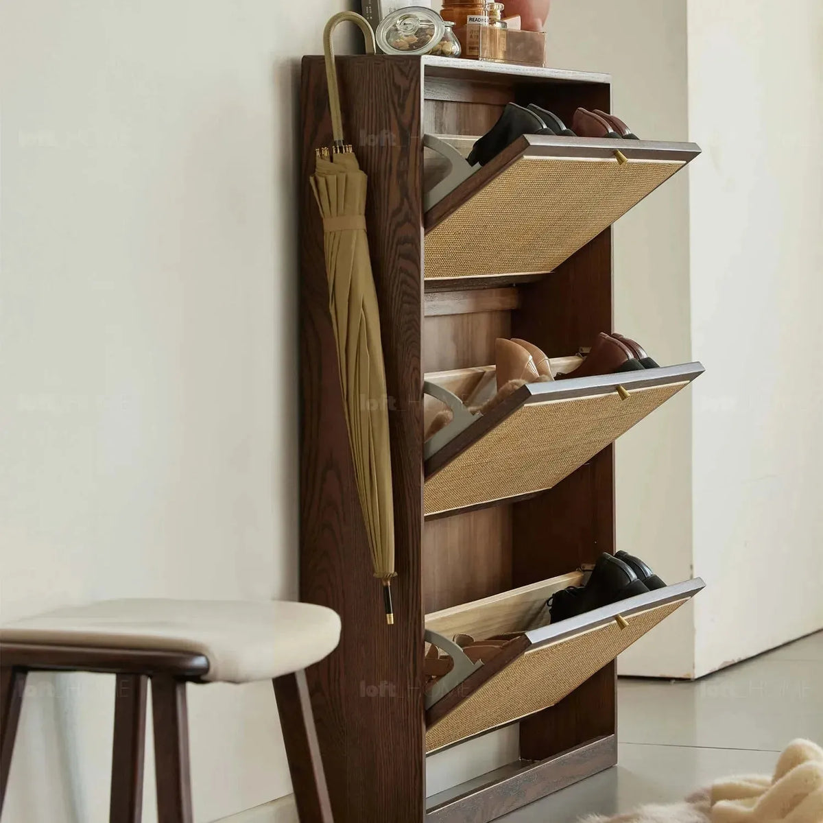 Scandinavian wood shoe cabinet vine weave detail 20.