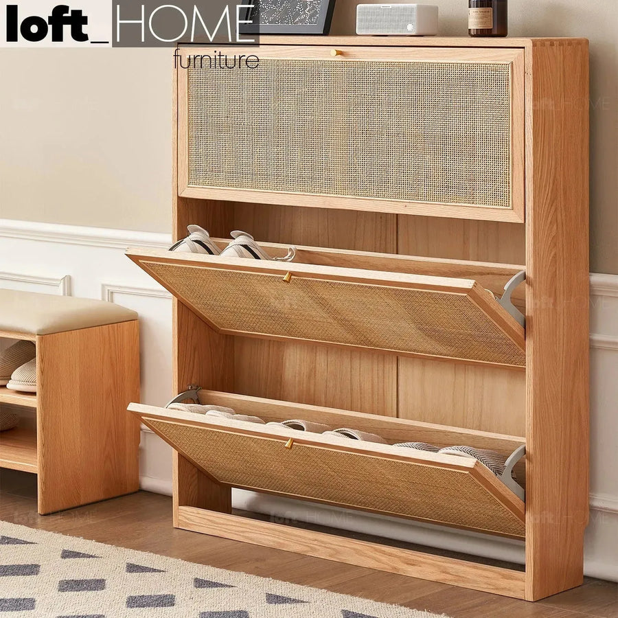 Scandinavian wood shoe cabinet vine weave primary product view.