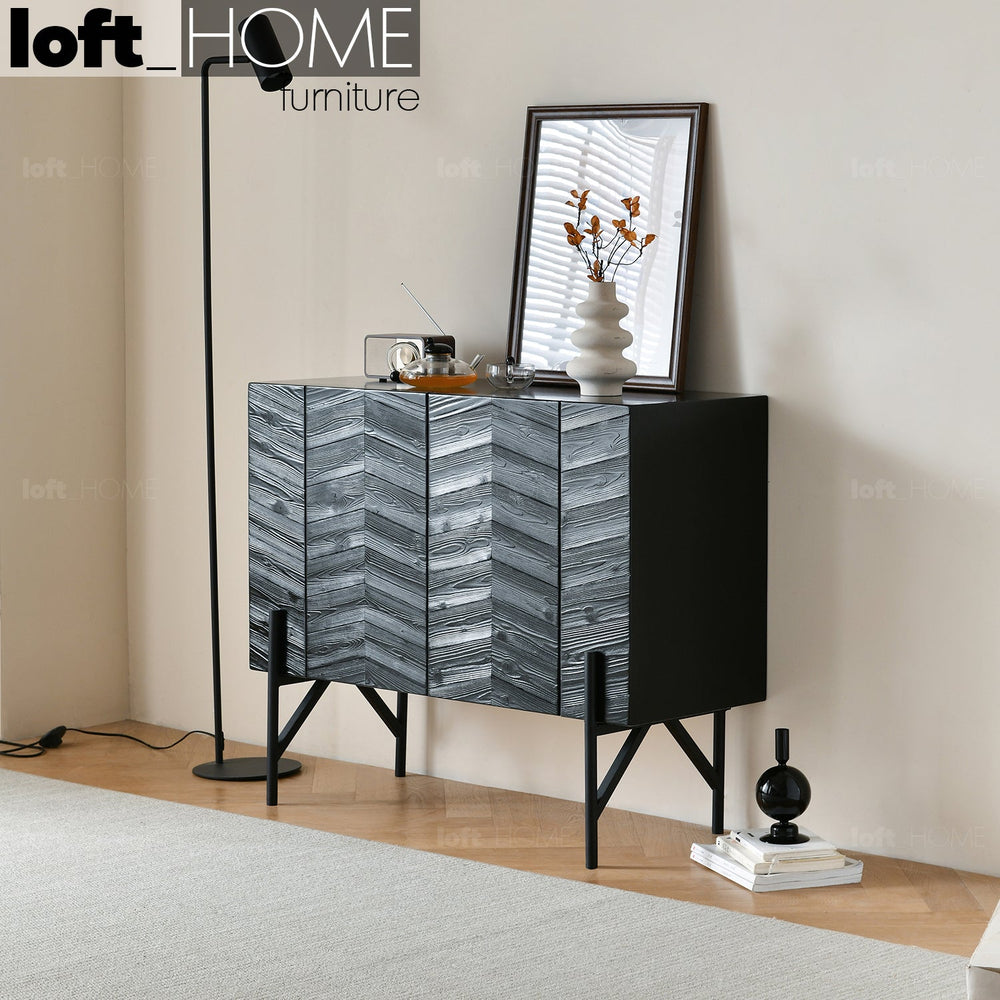 Scandinavian wood side cabinet chevron primary product view.