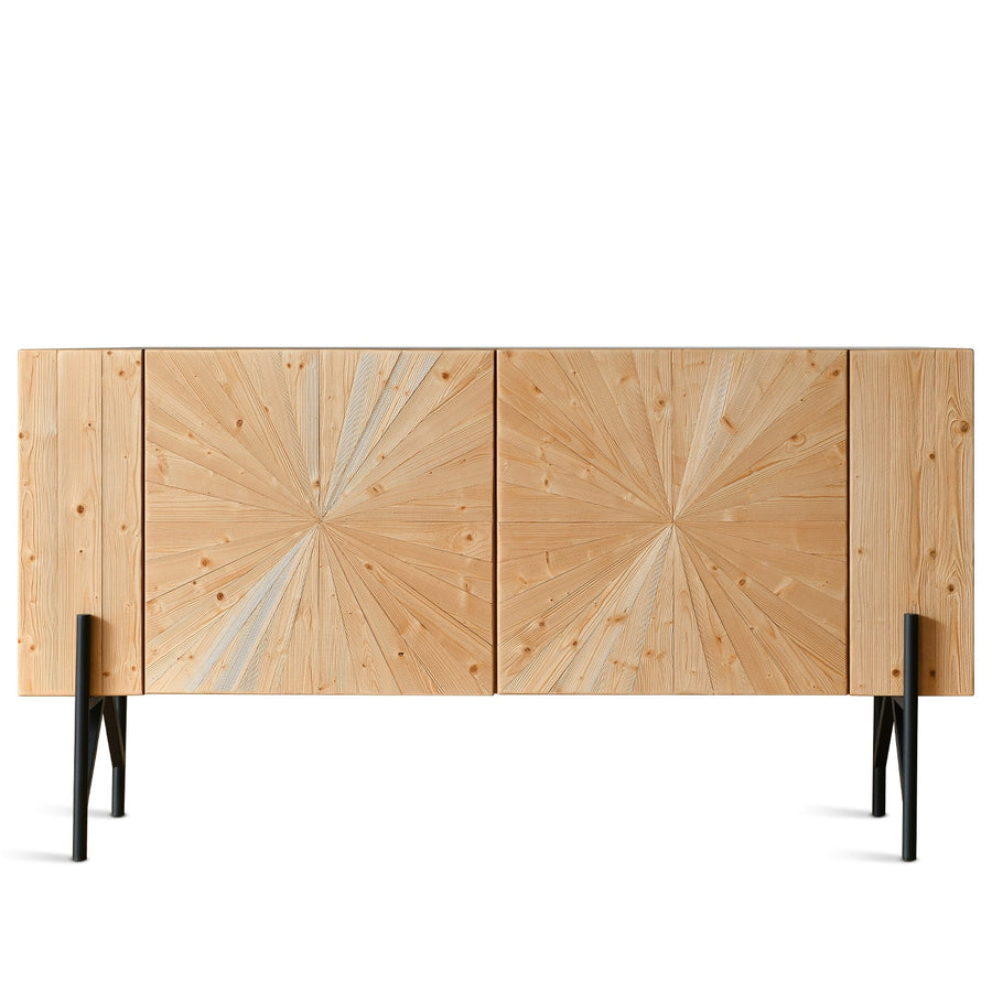 Scandinavian wood side cabinet radial in white background.