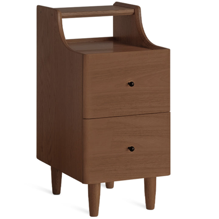 Scandinavian wood side table beside layered structure.