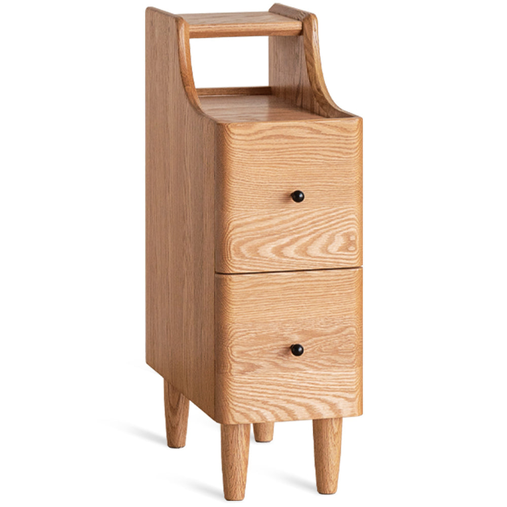 Scandinavian wood side table beside in white background.