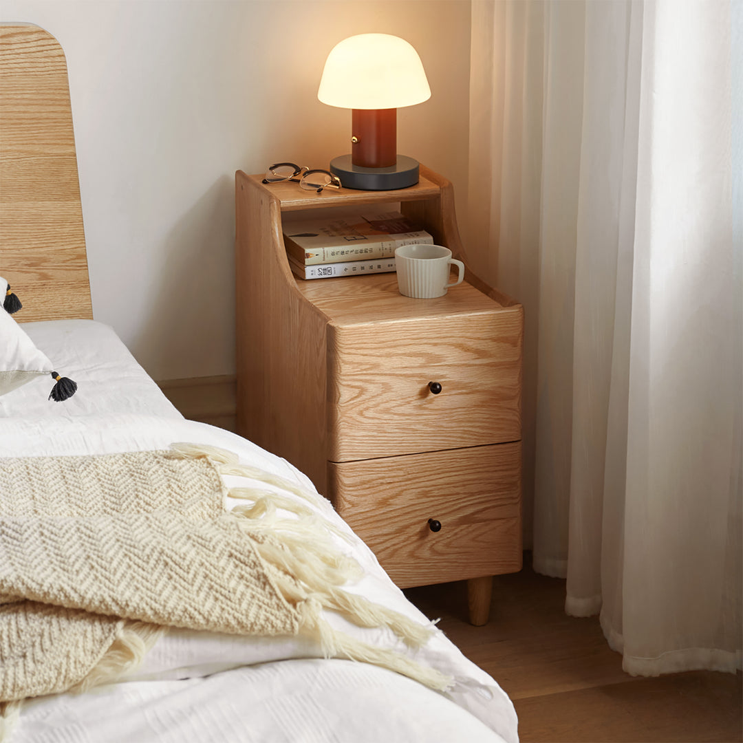 Scandinavian wood side table beside size charts.