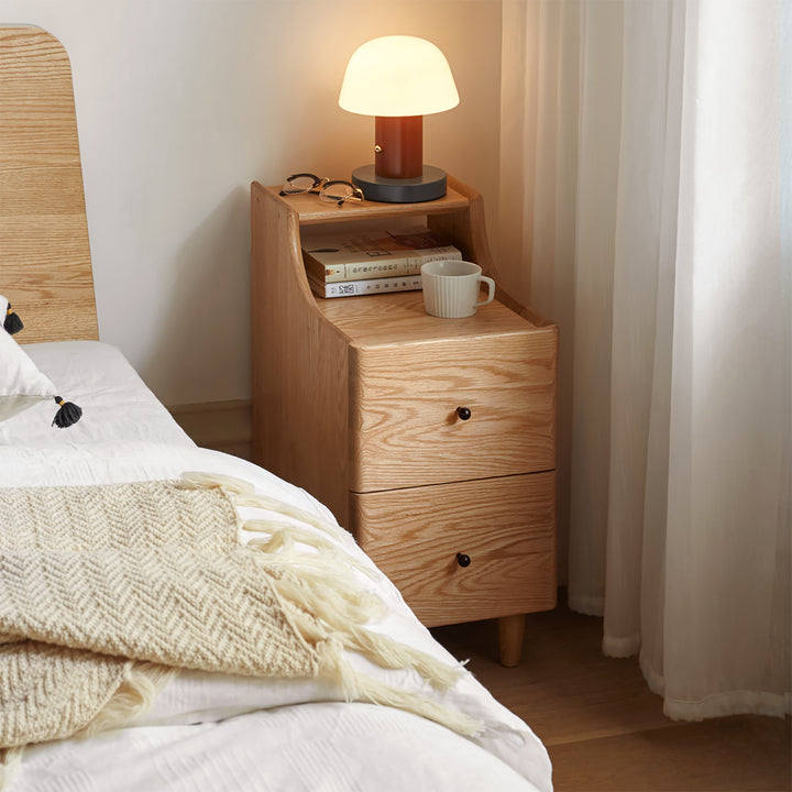 Scandinavian wood side table beside size charts.