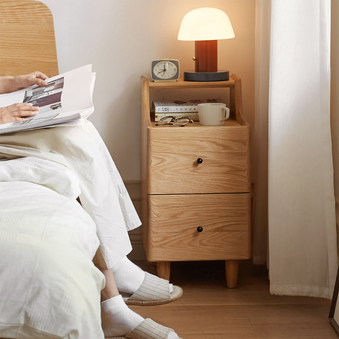 Scandinavian wood side table beside color swatches.
