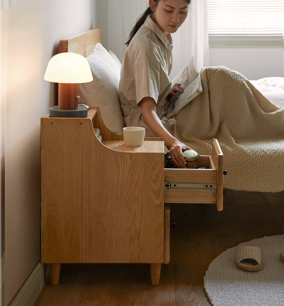 Scandinavian wood side table beside material variants.