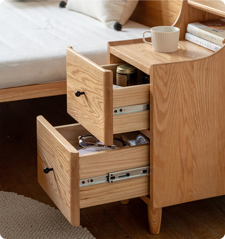 Scandinavian wood side table beside in details.