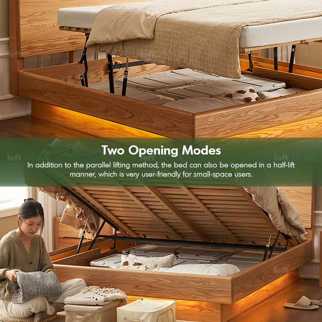 Scandinavian wood storage bed frame oakmist in real life style.