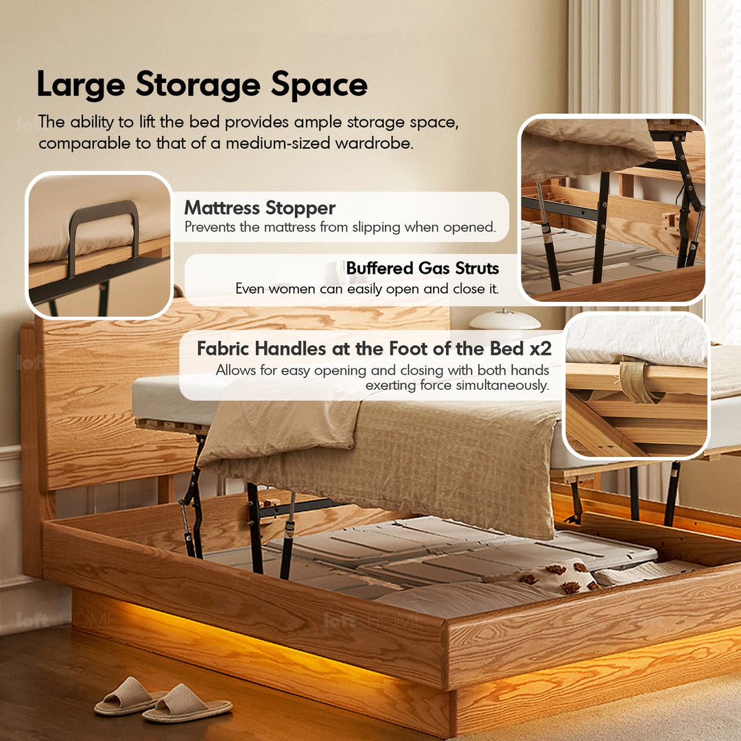 Scandinavian wood storage bed frame oakmist material variants.