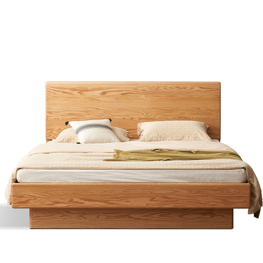 Scandinavian wood storage bed frame oakmist in white background.