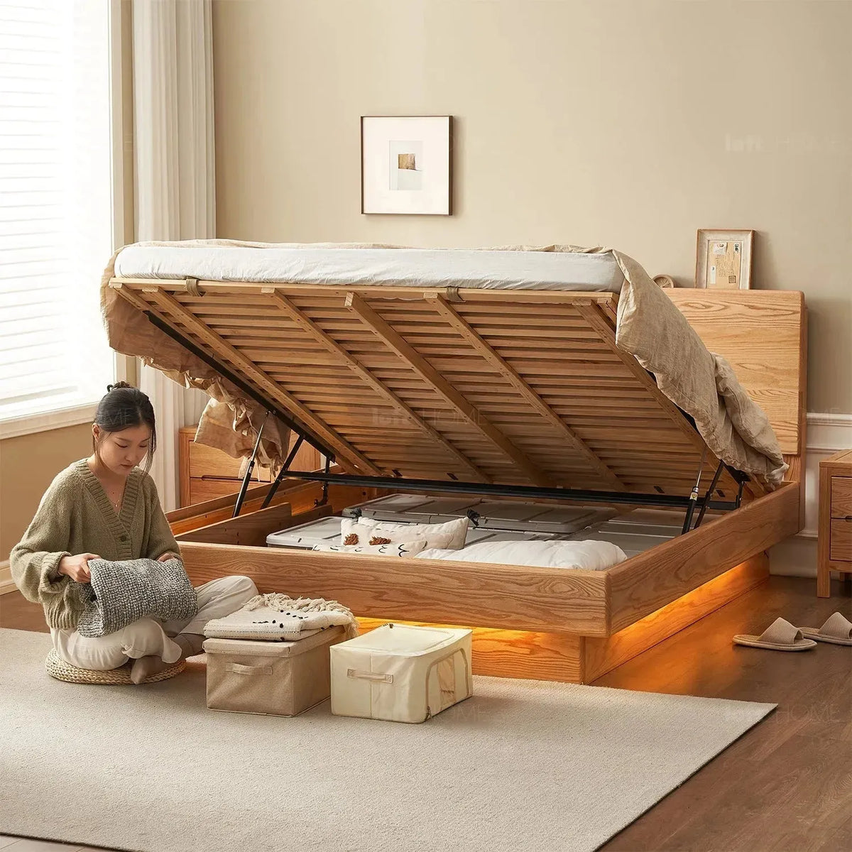 Scandinavian wood storage bed frame oakmist detail 5.