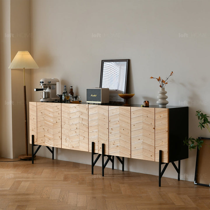 Scandinavian wood storage cabinet chevron conceptual design.