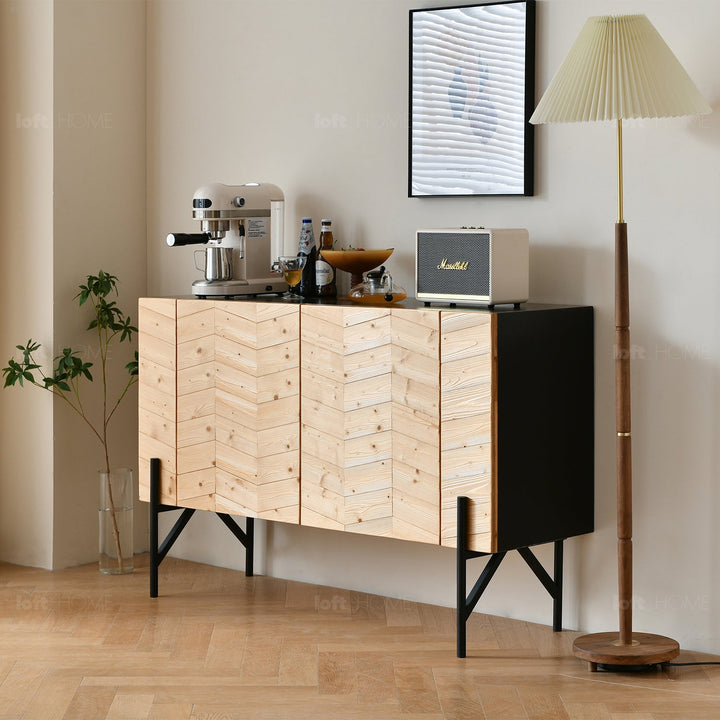 Scandinavian wood storage cabinet chevron color swatches.