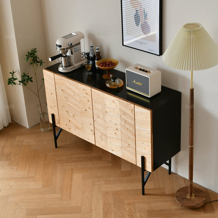 Scandinavian wood storage cabinet chevron material variants.