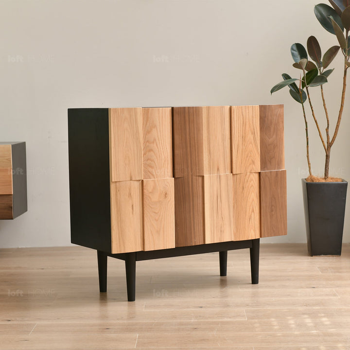 Scandinavian wood storage cabinet variation 1 in still life.