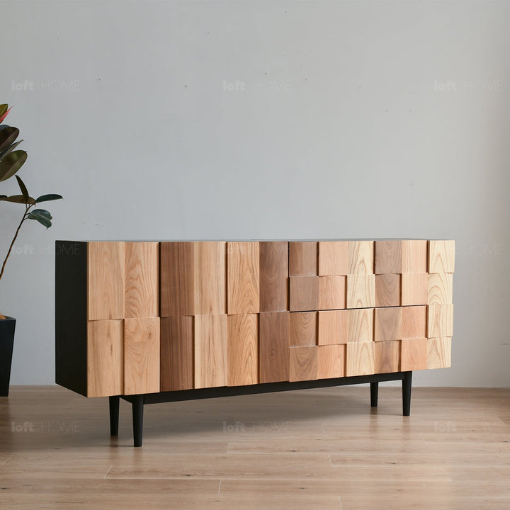 Scandinavian wood storage cabinet variation 2 in panoramic view.