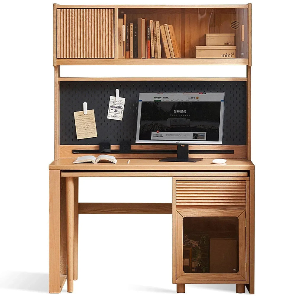 Scandinavian wood study desk corner in white background.