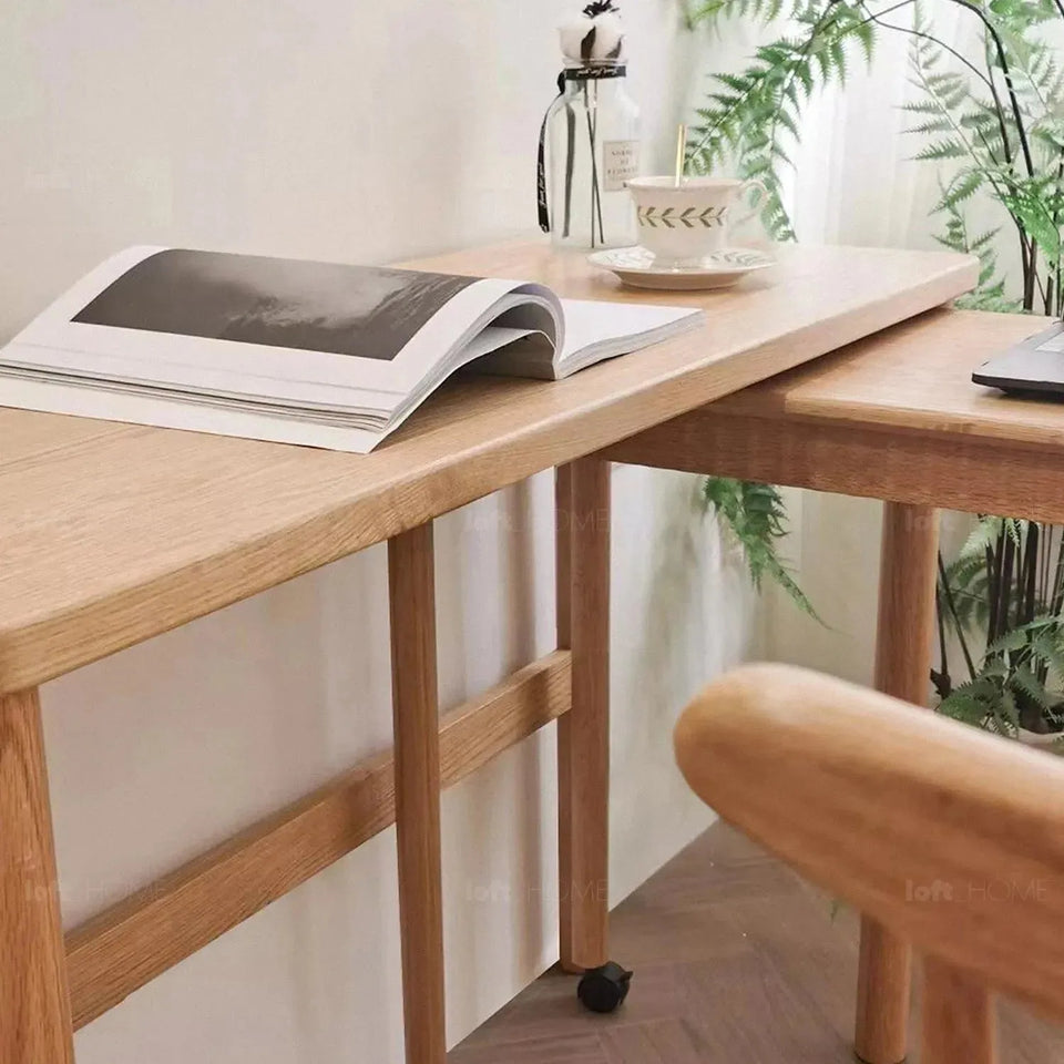 Scandinavian wood caster wheel extendable study table twin layer detail 6.