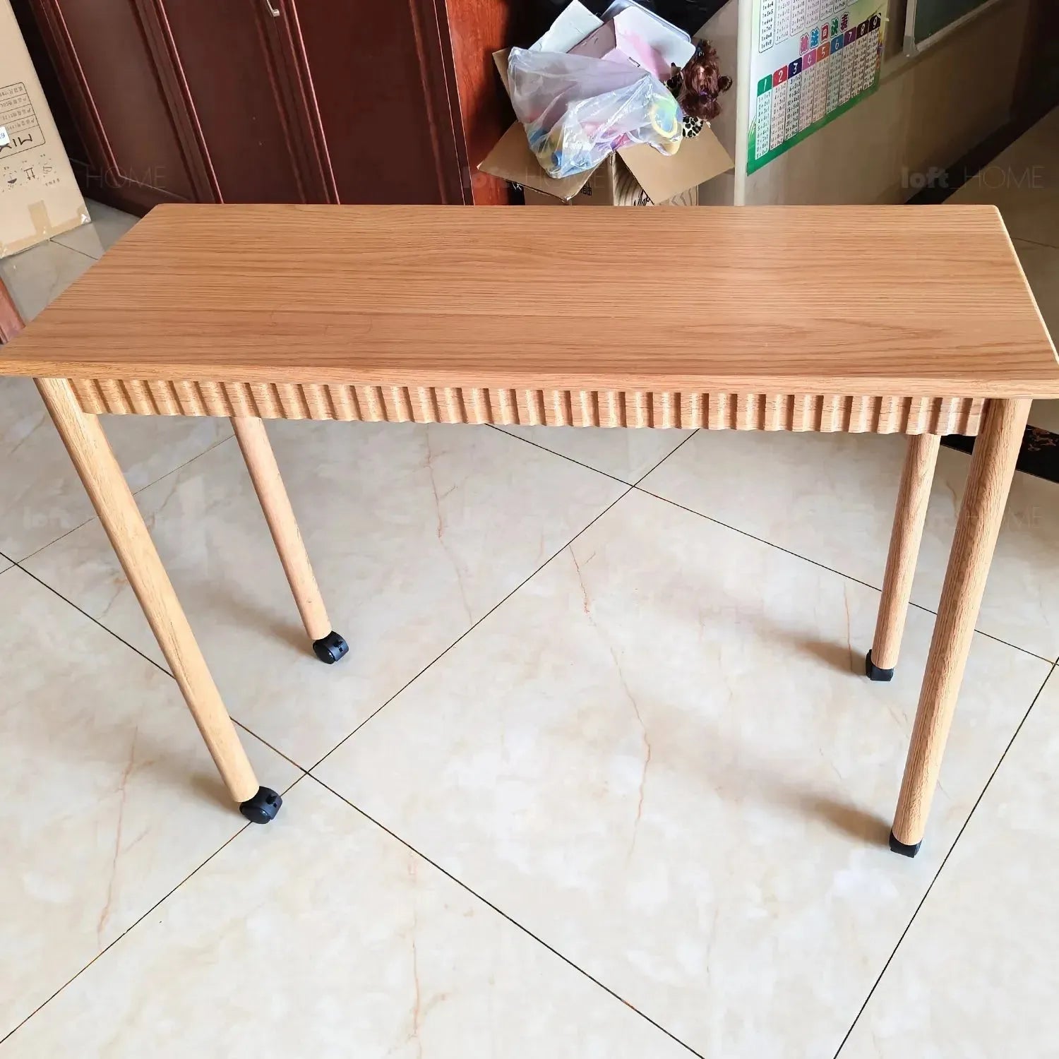 Scandinavian wood caster wheel extendable study table twin layer detail 7.