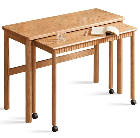 Scandinavian wood caster wheel extendable study table twin layer in white background.