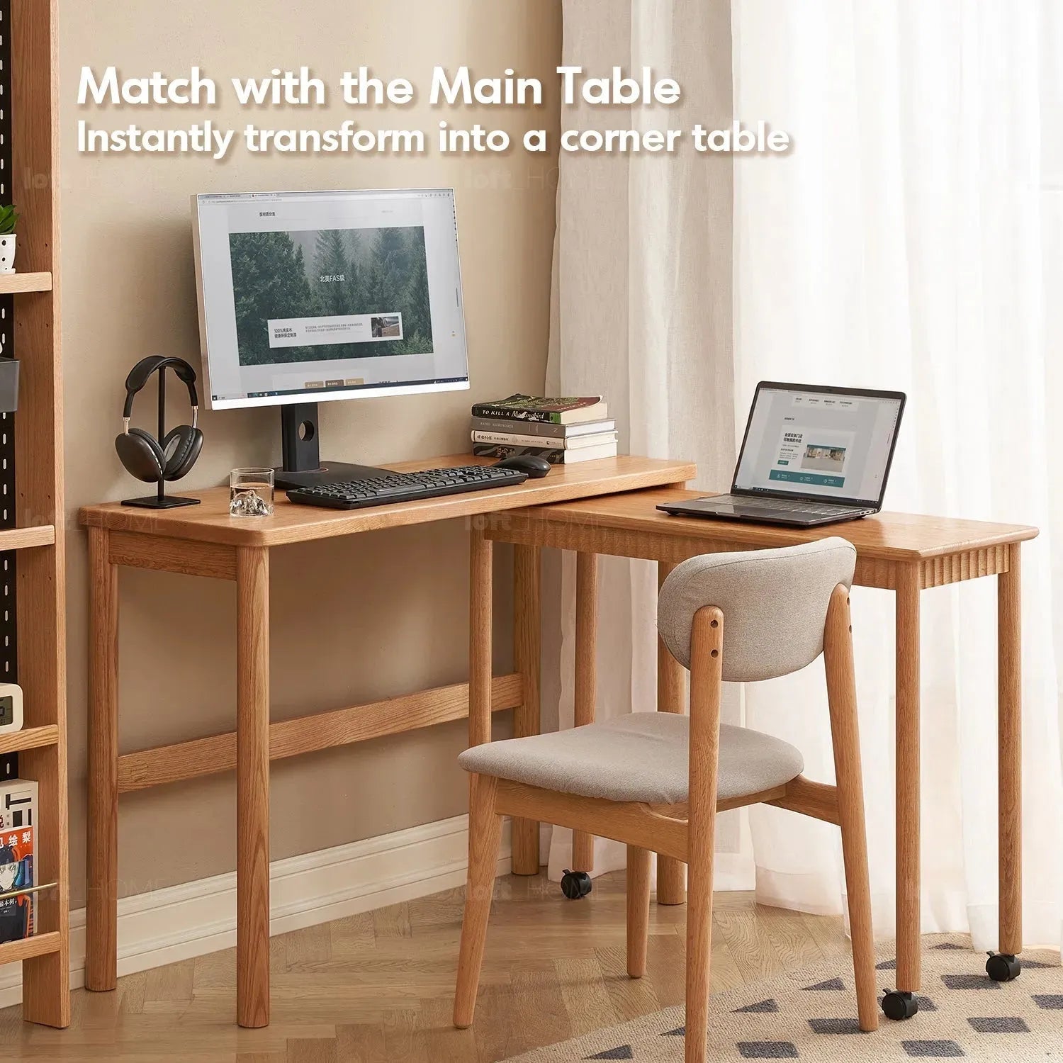 Scandinavian wood caster wheel extendable study table twin layer in close up details.