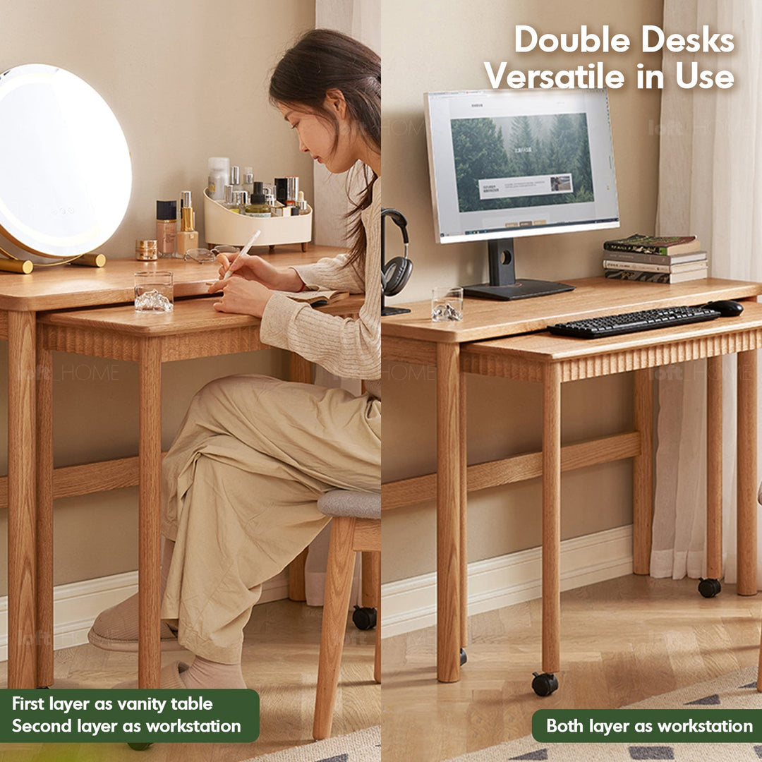 Scandinavian wood study desk twin layer in real life style.