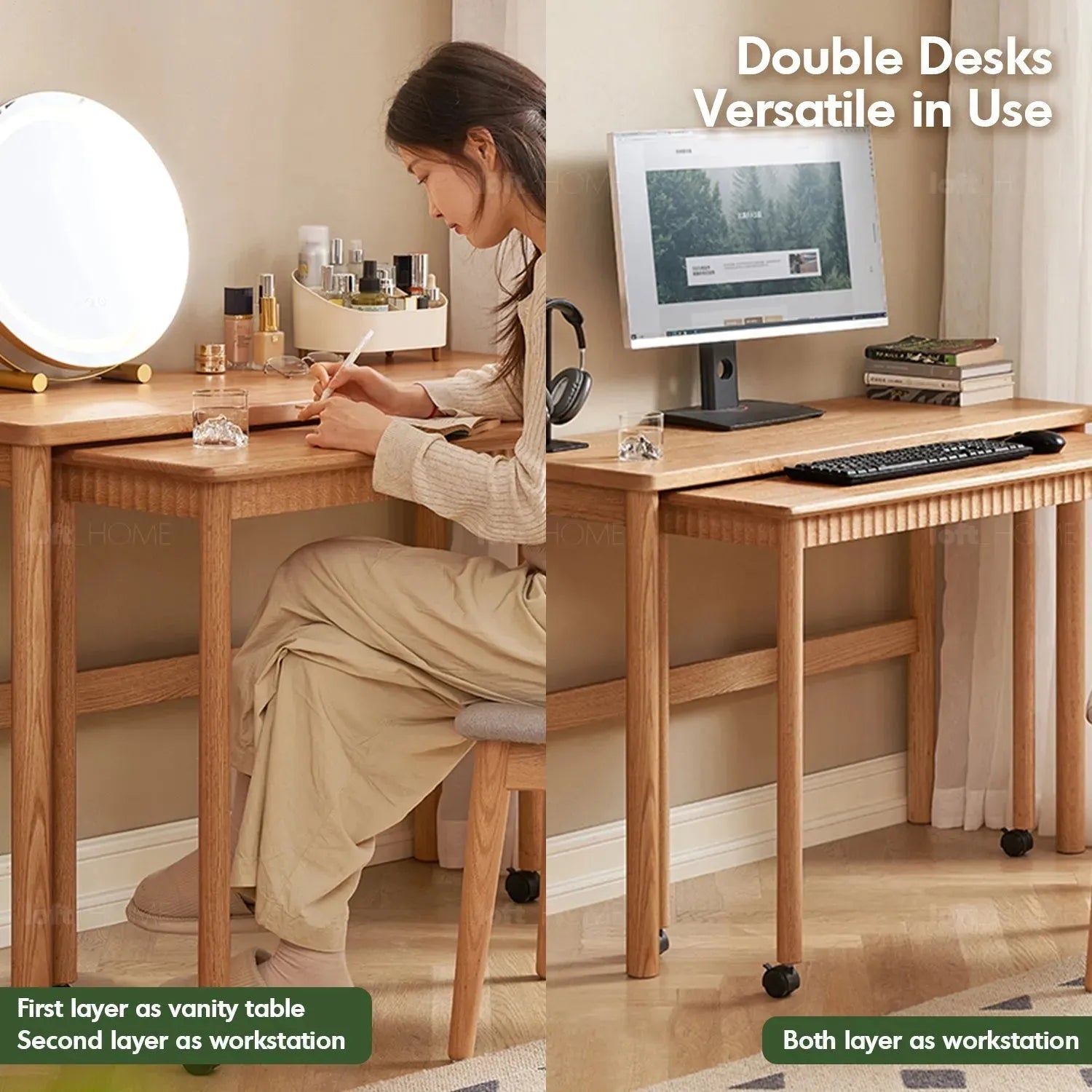 Scandinavian wood caster wheel extendable study table twin layer material variants.