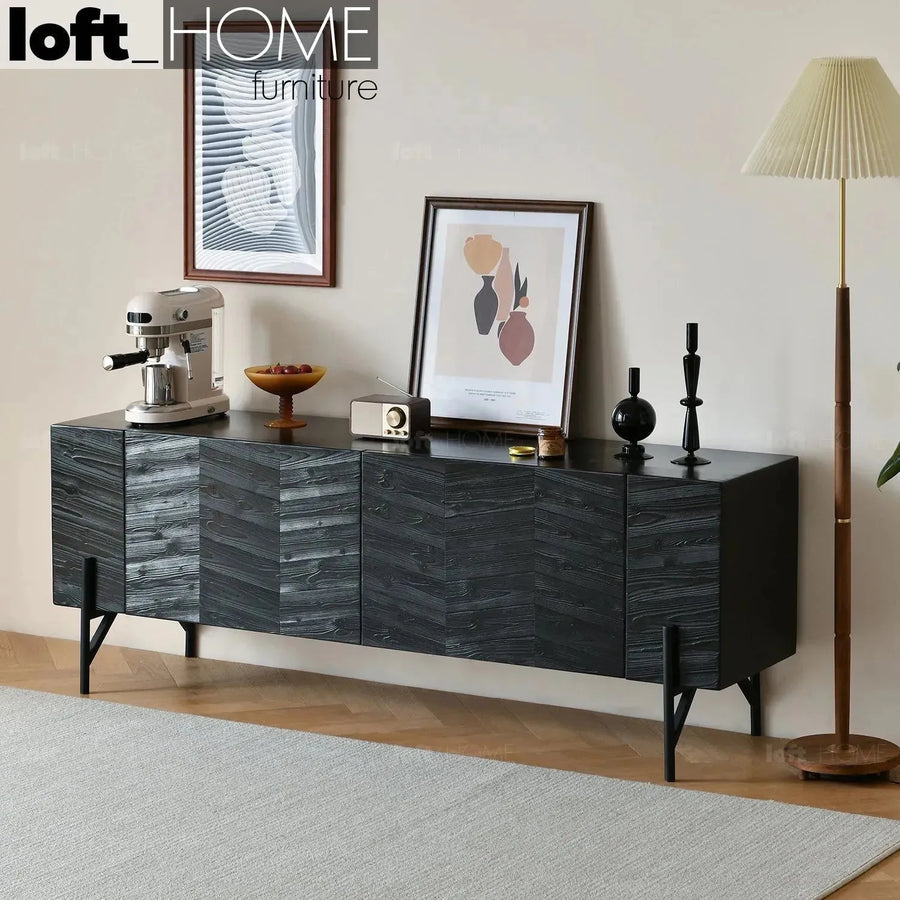 Scandinavian wood tv console 2 doors chevron detail 12.