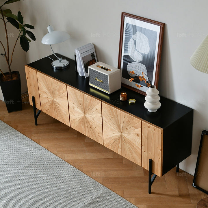 Scandinavian wood tv console 3 doors radial in real life style.