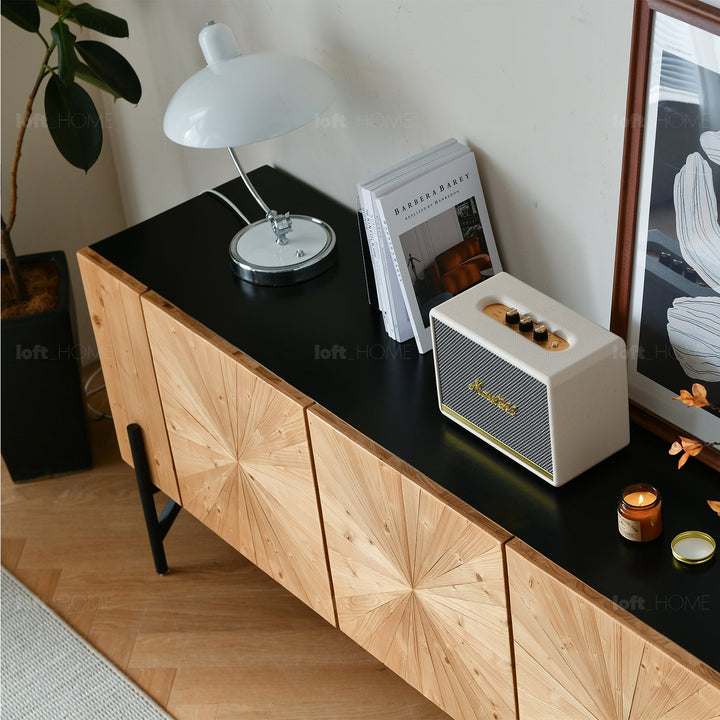 Scandinavian wood tv console 4 doors radial in real life style.